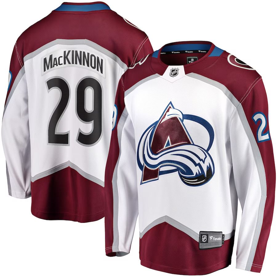 Men Colorado Avalanche 29 Nathan MacKinnon Fanatics Branded White Away Premier Breakaway Player NHL Jersey